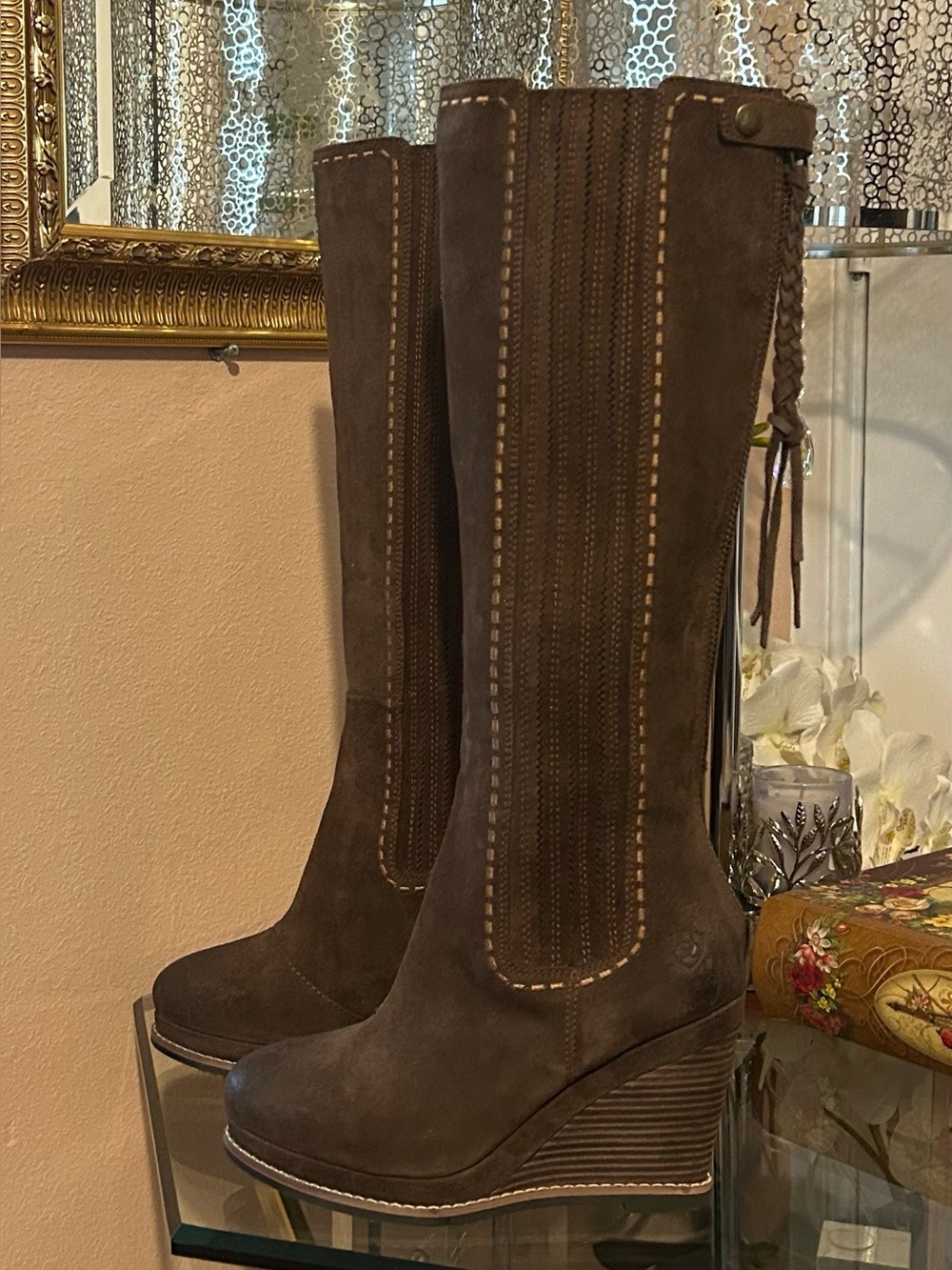Ariat Brown Suede Leather Wedge Knee-High Boots with Braided Tassel Zipper Sz 7 - Picture 2 of 16